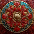 Intricate artwork with metallic red, gold, and blue accents, detailed and eye catching design