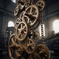 Intricate assembly of interconnected bronze gears, set in an industrial interior with large, arched Royalty Free Stock Photo