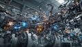 Intricate assembly of interconnected mechanical components and robotic arms Royalty Free Stock Photo