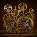 Intricate assembly of interlocking gears in a steampunk style. The gears are made of Royalty Free Stock Photo