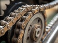 Intricate Automotive Engine Timing Chain and Sprocket Mechanism A Macro CloseUp Detailing the Precision Engineering of