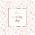 Intricate Baroque luxury wedding invitation card, rich rose gold decor on white background with frame and place for text