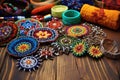 intricate beadwork jewelry laid out on a wooden table