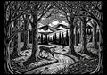 Intricate black and white illustration depicting a dense forest with intertwined tree branches. A Royalty Free Stock Photo