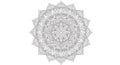 Intricate black and white mandala design featuring a complex arrangement of