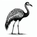 Intricate Black And White Ostrich Illustration With Iconographic Symbolism