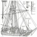 An intricate black and white schematic of a ship\'s rigging and deck, featuring detailed Royalty Free Stock Photo