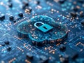 Intricate blue glowing cloud on a circuit board with active nodes, symbolizing data encryption, secure cloud systems, and innov