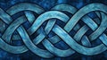 Intricate blue and teal Celtic knot on dark background with symmetrical, textured depth Royalty Free Stock Photo