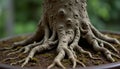 Intricate bonsai tree root system reaching across a mossy surface showcasing nature and growth in a tranquil setting Royalty Free Stock Photo