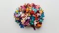 Intricate brain design crafted from colorful puzzle pieces symbolizing creativity and complexity
