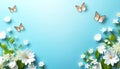 Intricate butterflies gracefully hover over daisy flowers, on light blue background with copy space for text, exuding Royalty Free Stock Photo