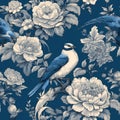 Intricate chinoiserie art with blue jay birds and peony flowers seamless pattern