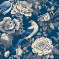 Intricate chinoiserie art with blue jay birds and peony flowers seamless pattern