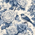 Intricate chinoiserie art with blue jay birds and peony flowers seamless pattern