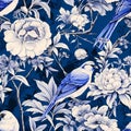 Intricate chinoiserie art with blue jay birds and peony flowers seamless pattern