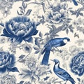 Intricate chinoiserie art with blue jay birds and peony flowers seamless pattern