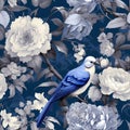 Intricate chinoiserie art with blue jay birds and peony flowers seamless pattern