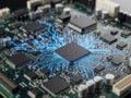 Intricate circuit board with central microprocessor and various electronic components Royalty Free Stock Photo