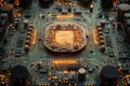 Intricate circuit board design illuminated by glowing components in a close-up view showcasing modern technology Royalty Free Stock Photo