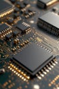 An intricate circuit board featuring multiple microchips and solder connections displays a network of electrical Royalty Free Stock Photo