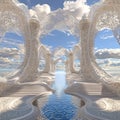 Intricate circular structures and flowing patterns appear in a surreal blue landscape.