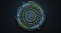 Intricate circular technological HUD interface with green and blue glowing circuits on dark background Royalty Free Stock Photo