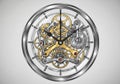Intricate clock face with visible mechanical components featuring Royalty Free Stock Photo