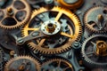 Intricate Clockwork Gears Precision, Mechanics, Interlocking, Golden, Bronze, Timepiece, Engineering