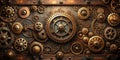 Intricate clockwork mechanism a complex array of bronze gears and cogs interlocking on a rustic metal surface. Generative AI Royalty Free Stock Photo