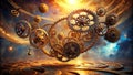 Intricate clockwork mechanism in cosmic setting golden gears interlocking, majestic and mysterious. Generative AI