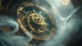 Intricate clockwork mechanism with interlocking gears in metallic gold, set against a starry sky.