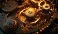 Intricate clockwork mechanism showcasing interlocking gears, cogs, and intricate details illuminated by warm light