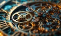 Intricate clockwork mechanism showcasing precision engineering with golden gears and cogs in close-up Royalty Free Stock Photo