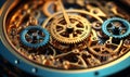 Intricate clockwork mechanism showcasing precision engineering with golden gears and cogs in close-up Royalty Free Stock Photo