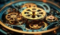 Intricate clockwork mechanism showcasing precision engineering with golden gears and cogs in close-up Royalty Free Stock Photo