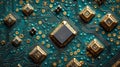 Intricate CloseUp of Circuit Board with Gold Accents and Microchips Royalty Free Stock Photo