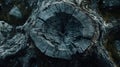 Intricate close up view of the cross section of an aged tree trunk highlighting natural patterns