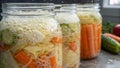 An intricate closeup of a fermentation process in action with bubbling jars containing assorted vegetables such as