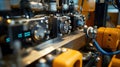 An intricate closeup of machinery components with digital readouts where sensors relay realtime data to an AI system for