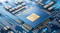 Intricate closeup of a microprocessor chip on circuit board, glimpse into modern computing Royalty Free Stock Photo