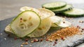 An intricate closeup of a single cucumber chip showcasing its delicate translucent layers and inviting crunch. Soft