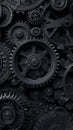 An Intricate Collection of Black Gears and Cogs Creating a Complex Mechanical Assembly with Interconnected Components Royalty Free Stock Photo