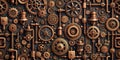 Intricate copper gears and mechanical components seamless pattern. Generative AI Royalty Free Stock Photo