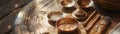 Intricate Copper Handiwork with Traditional Bowls and Utensils on Engraved Tray Rustic Artistry and Craftsmanship