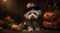 Intricate Costumes: A Small White Dog In A Witch Hat With An Orange Pumpkin Royalty Free Stock Photo