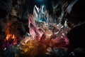 intricate crystal formation in cave, reflecting light and color