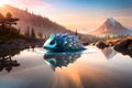 Intricate Crystal Hedgehog Sculpture in a Tranquil Setting on the Surface of a Sparkling Water Pool with Generative AI