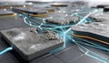 An intricate Cyber AI network emerges, its layered structure mirroring the complexities of modern data encryption Nodes glow with