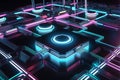 Intricate 3D Abstraction: Interconnected Technology Elements Weave a Neon Tapestry of Circuitry